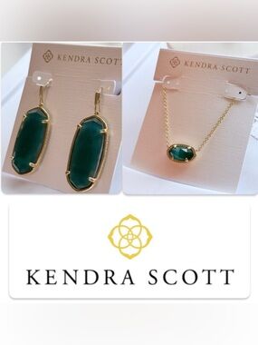 NWT [Kendra Scott] Elle Drop Earrings & Elise Necklace, Gold Jade Green Illusion